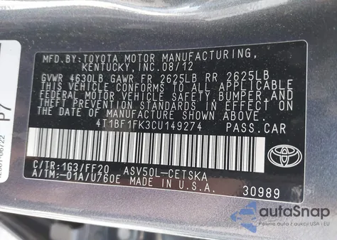 2012 Toyota Camry Se z USA, uszkodzony, nr VIN 4T1BF1FK3CU149274